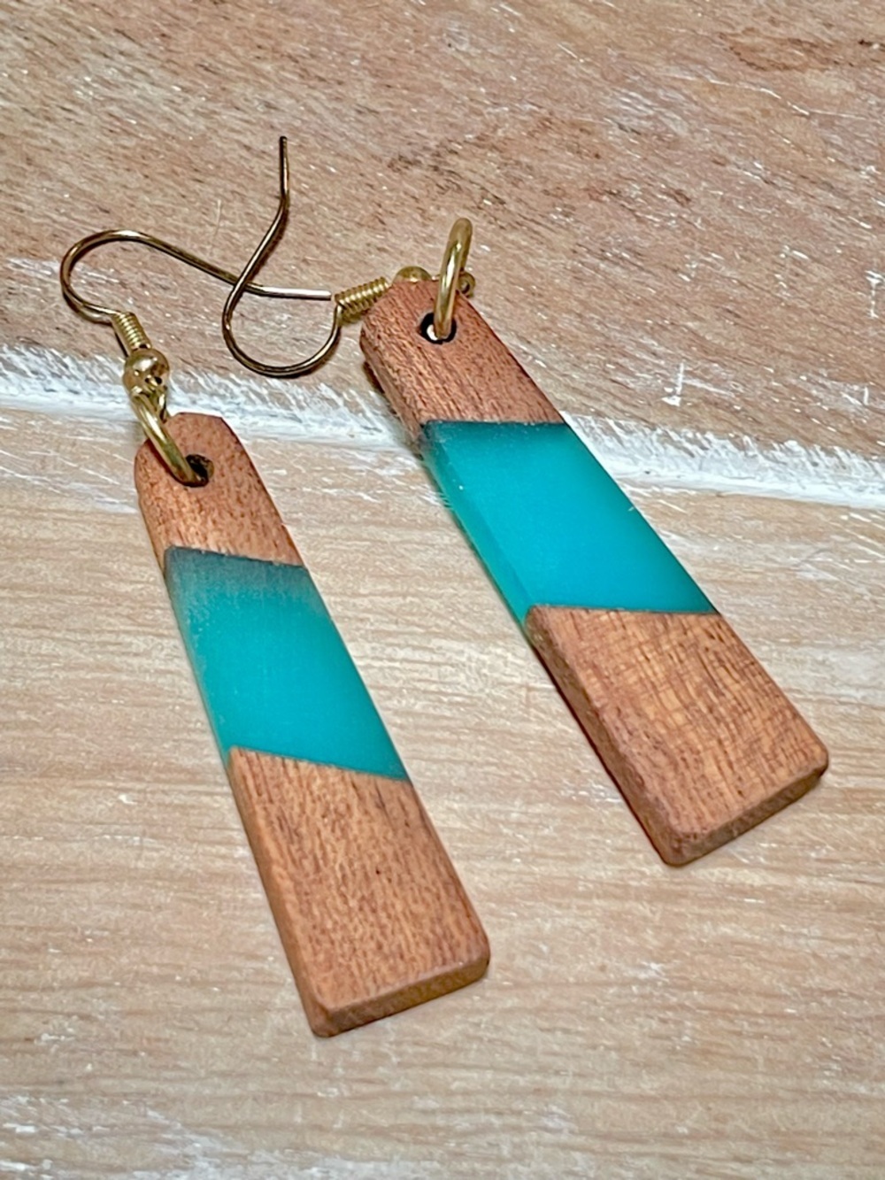 Handmade Turquoise Resin in Wood Inlay Drop Earrings - Women Jewelry